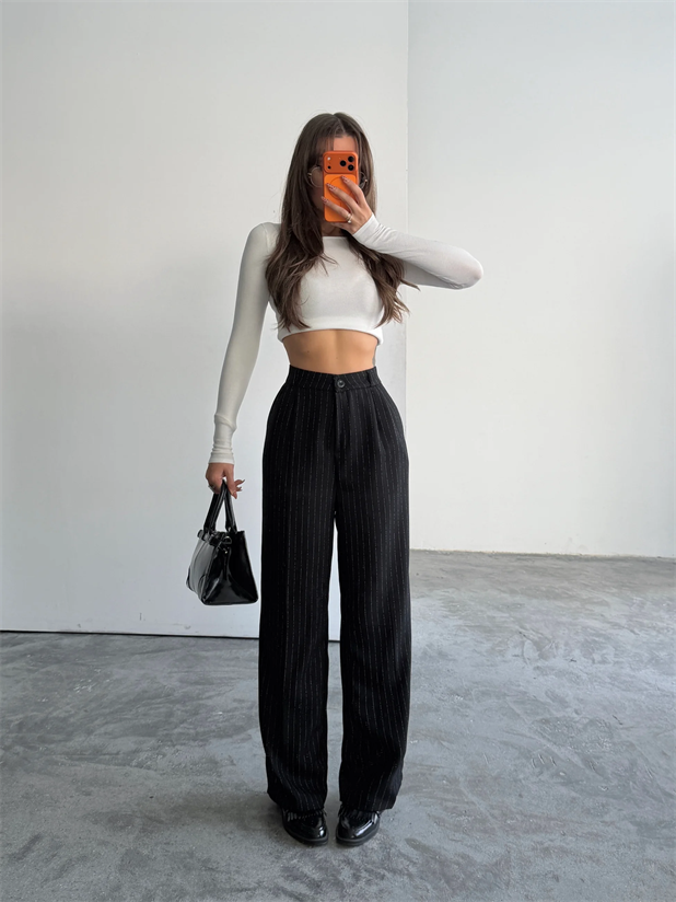 Yünefekt Çizgili Palazzo - Siyah