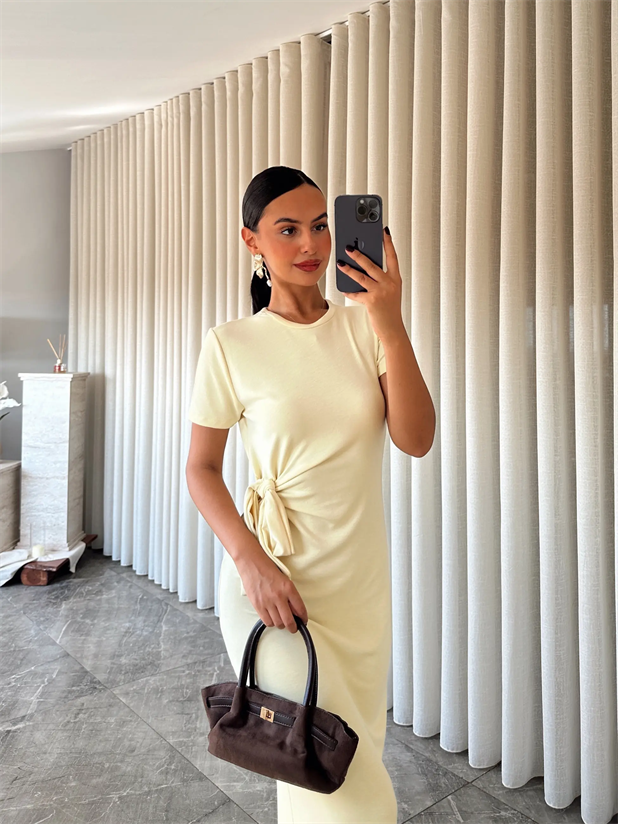 Bağlamalı Modal  Kumaş Elbise - Sarı