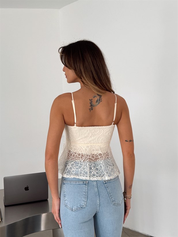 Askılı Transparan Dantel Bluz - Krem