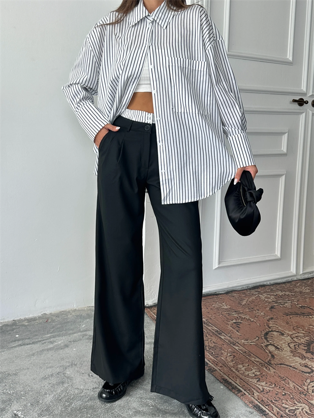 Bel Çizgi Detay Gömlekli Takım - Siyah