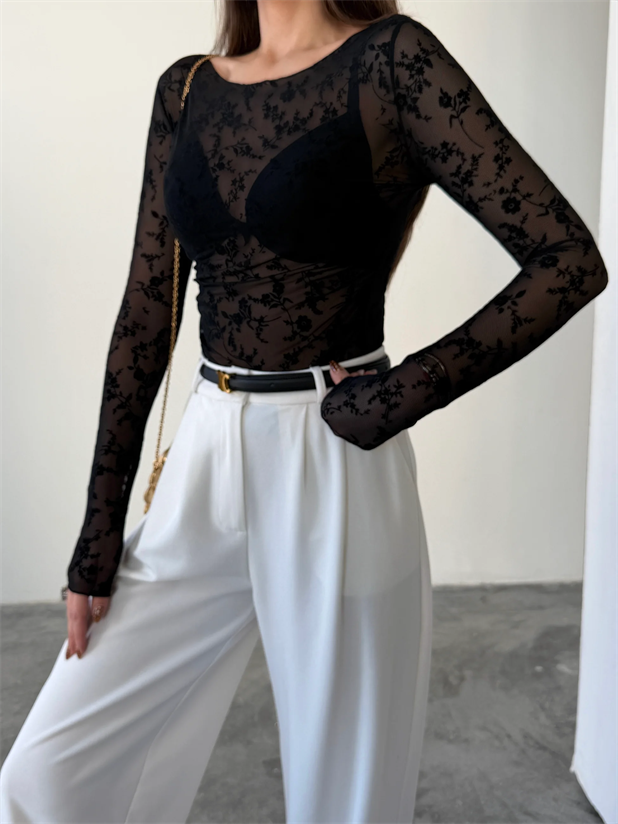 Flok Baskılı Basic Bluz - Siyah