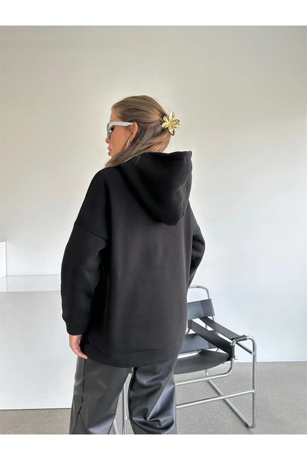 Queens Üç İplik Kapüşonlu Oversize Sweat Siyah - Siyah