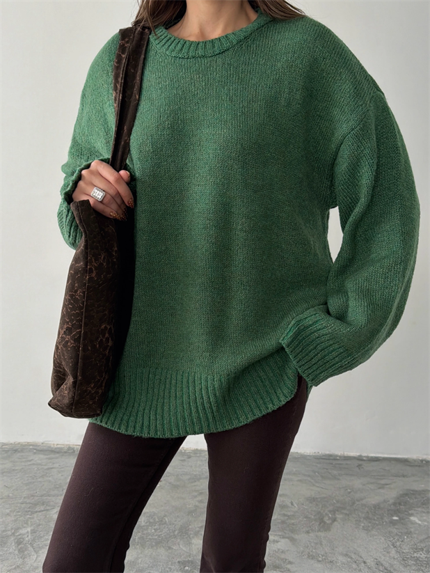 Oversize Ribanalı Kazak - Yeşil