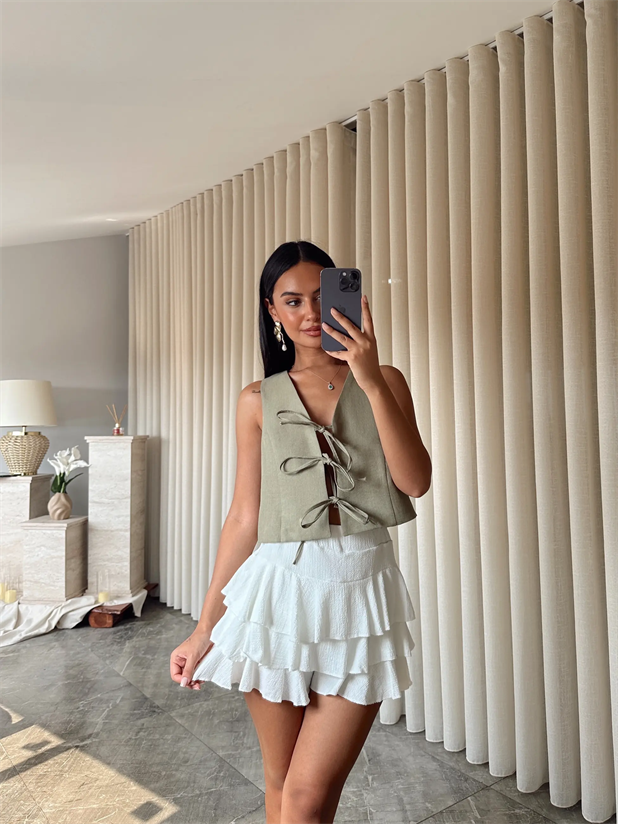 Keten Bağcıklı Yelek  - Haki