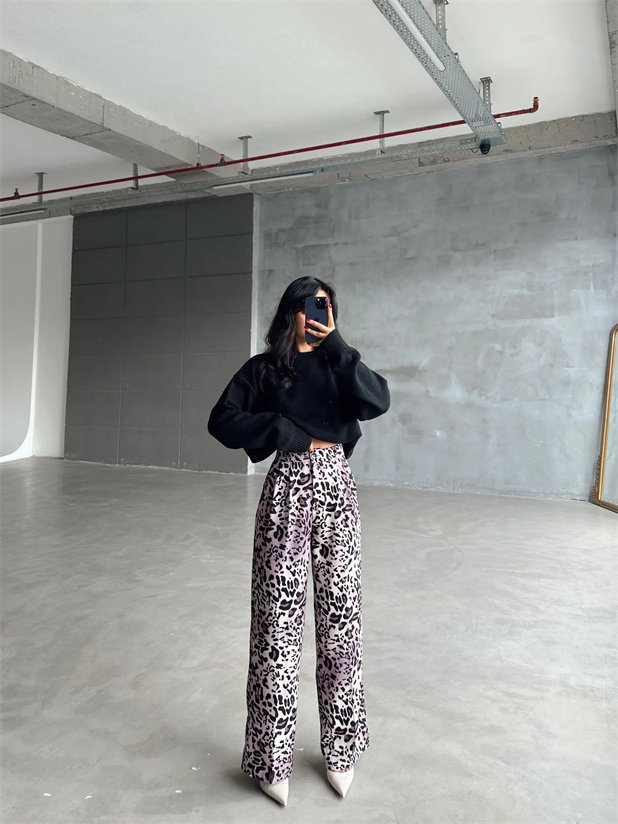 Animal Desen Palazzo Pantolon - Pembe Leopar