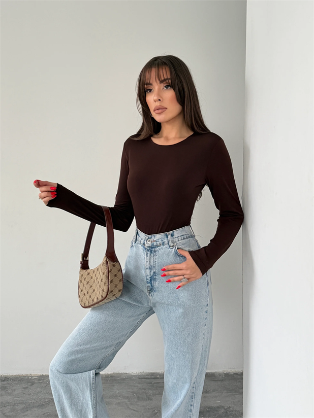 Bisiklet Yaka Bodysuit - Kahve