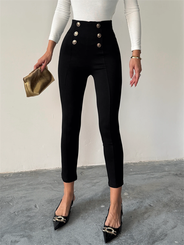 Düğme Detaylı Tayt Pantolon  - Siyah