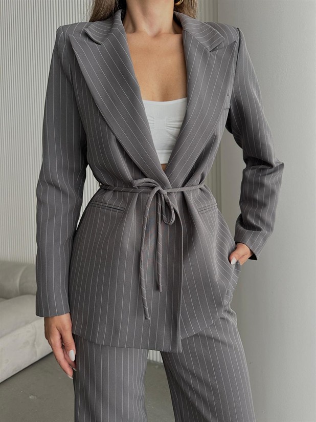 Bel Bağlama Line Blazer Ceket - Füme
