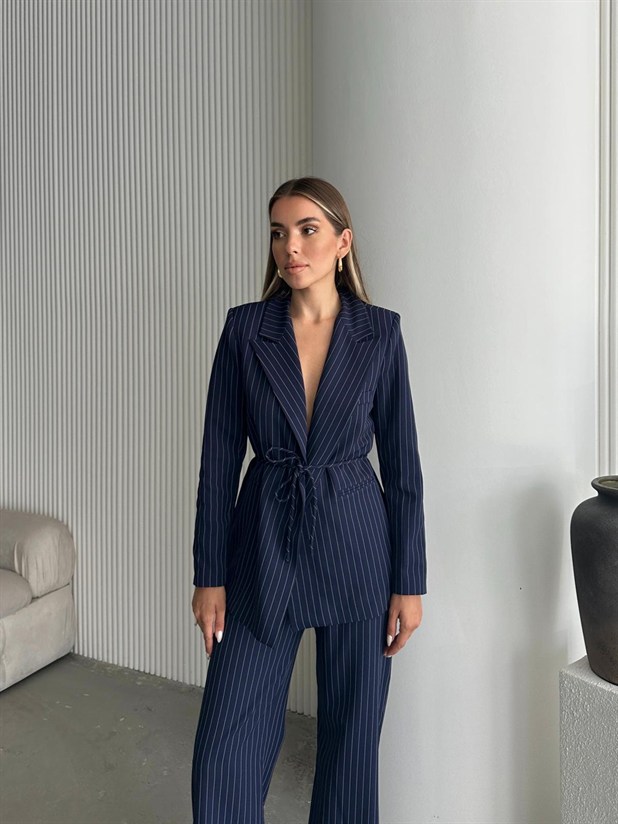 Bel Bağlama Line Blazer Ceket - Lacivert