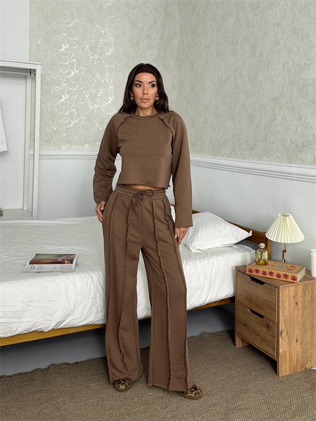 Uzun Kol Ters Dikiş Takım - Kahve