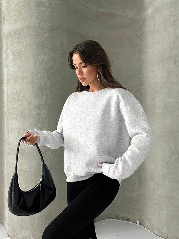 Düz Basic Sweatshırt - Gri