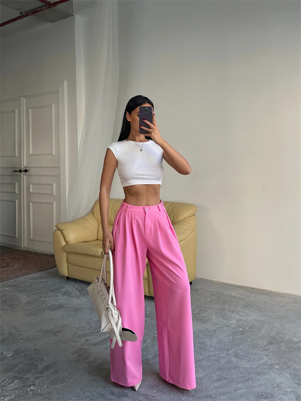 Yandan Katlama Düğme Detay Palazzo - Pembe