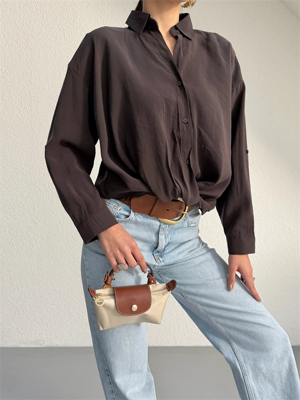 Önü Burgulu Modal Gömlek - Kahve