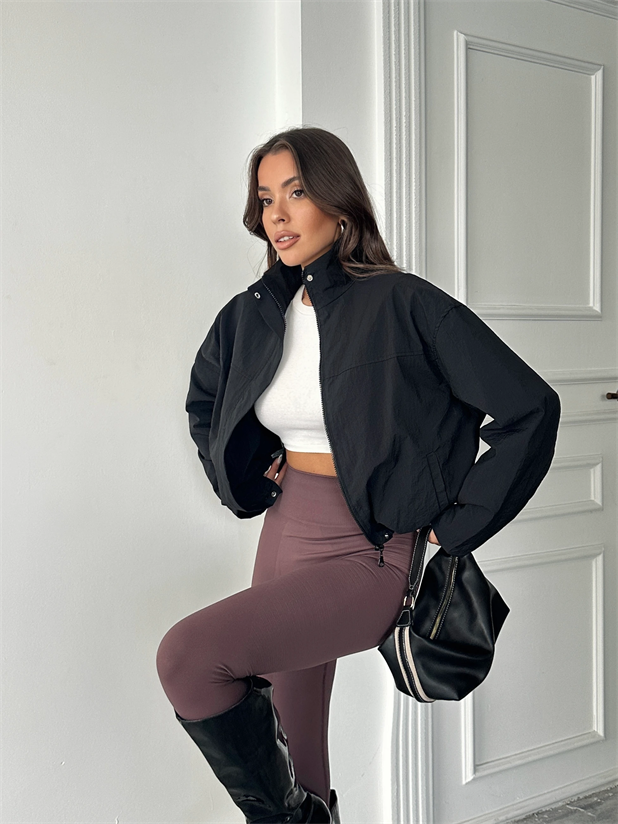 Gizli Fermuarlı Paraşüt Ceket - Siyah