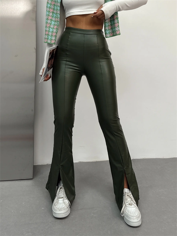 Paça Yırtmaç İç Şardonlu Deri İspanyol Pantolon Haki Yeşil - Haki Yeşil