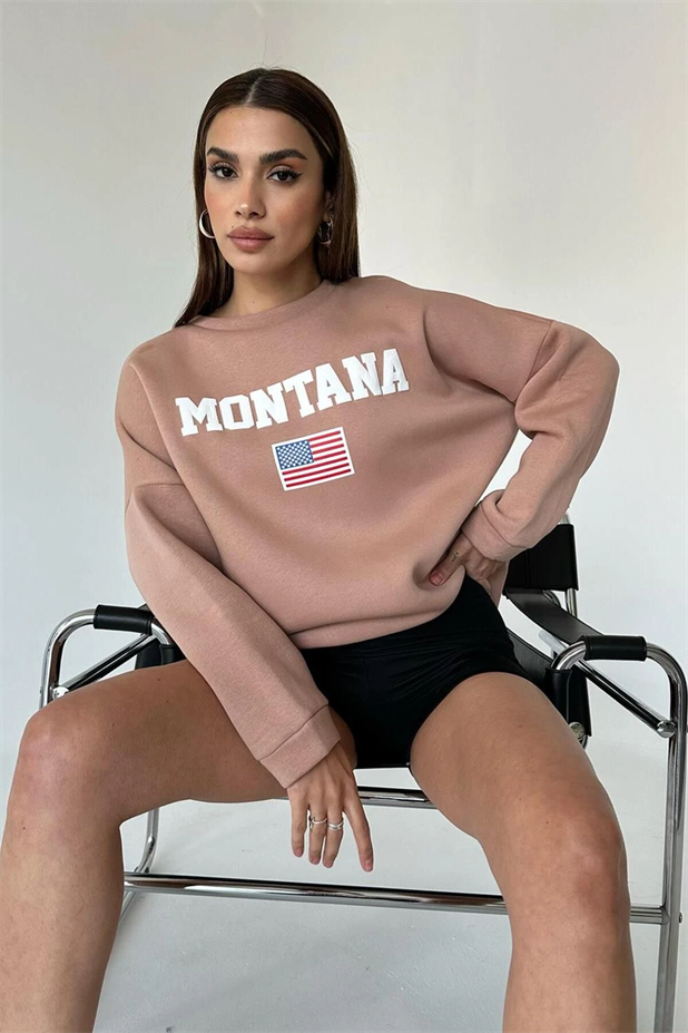 State Baskı Üç İplik Şardonlu Sweat Vizon - Vizon