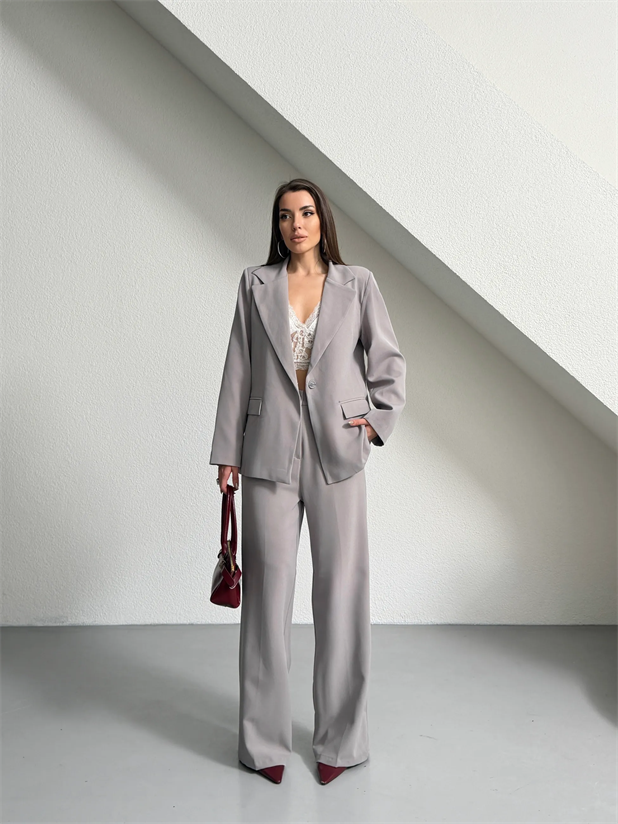 Tek Düğme Ceket-Pantolon Takım  - Gri