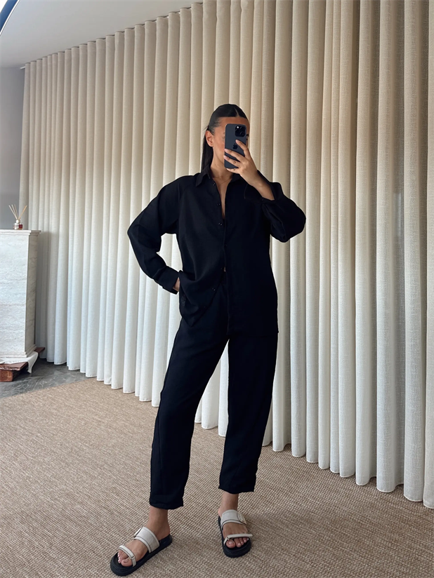 Reglon Kol Gömlek Pantolon Takım  - Siyah