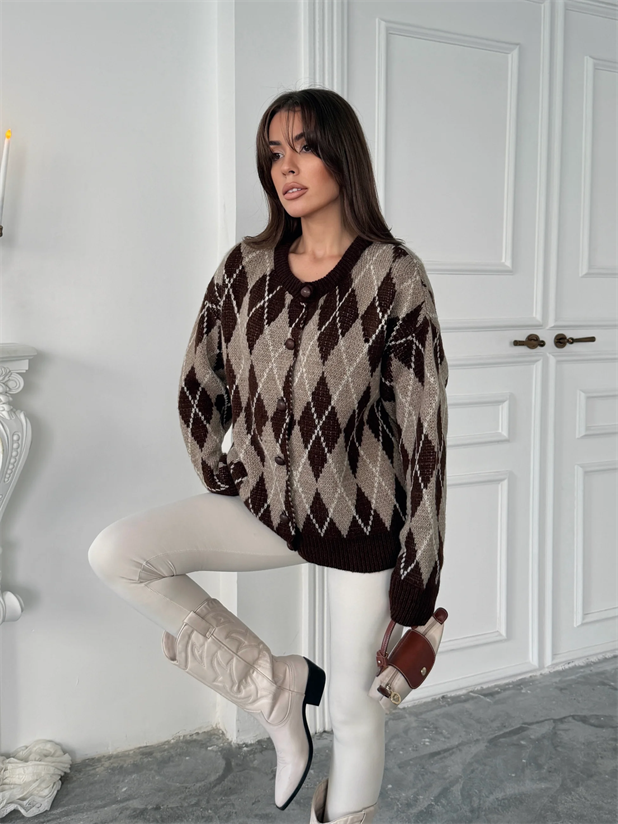 Bisiklet Yaka Baklava Desenli Hırka - Kahve