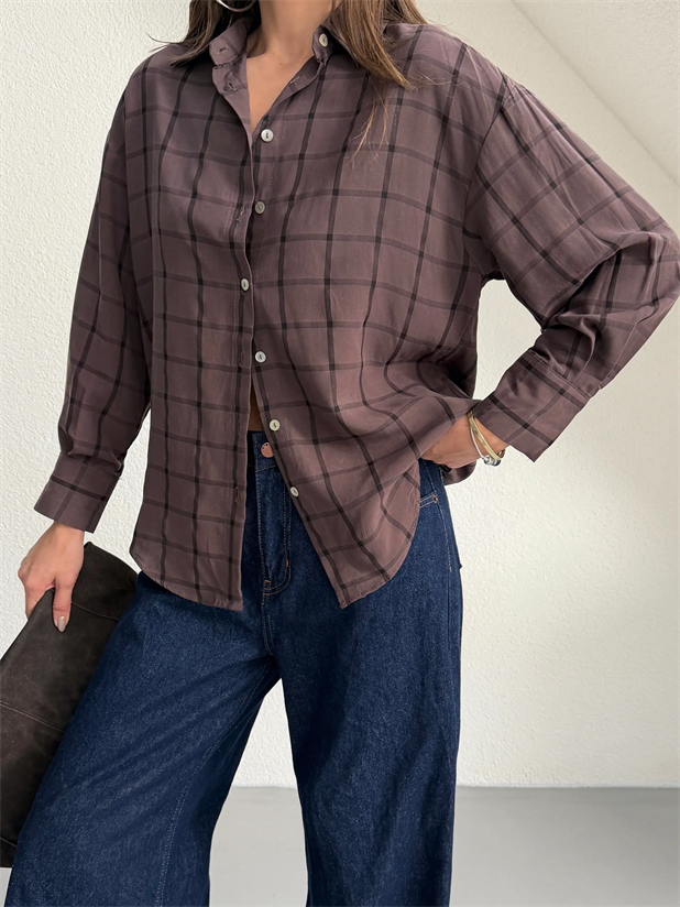 Kare Desenli Gömlek - Kahve