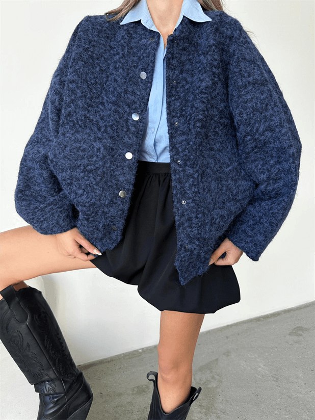 Kırçıllı Kaşe Mont - Lacivert