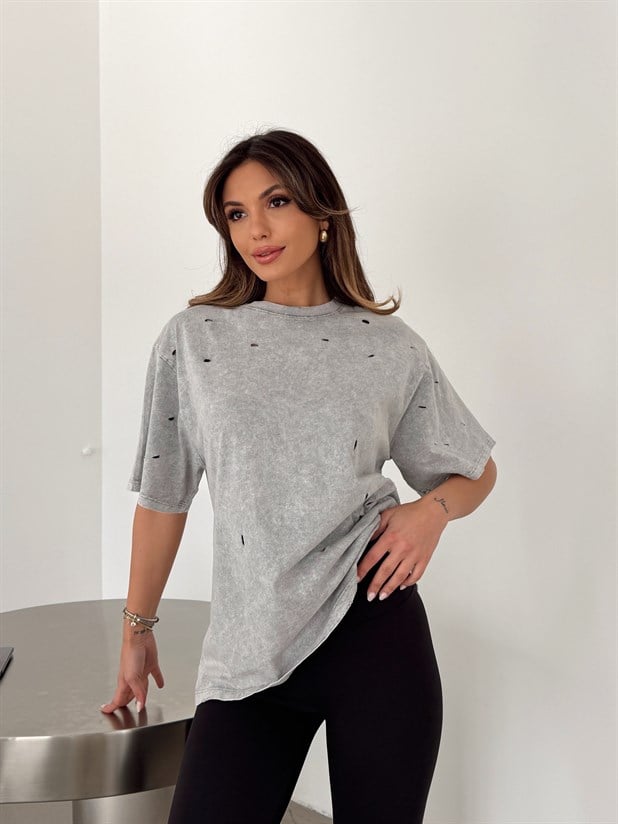 Delikli Yıkama T-shirt - Gri