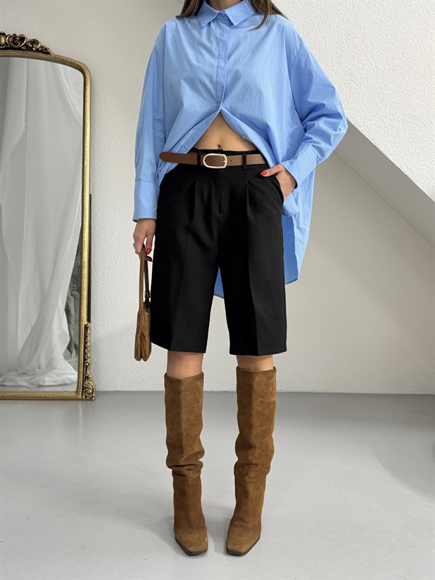 Kemerli Bermuda Şort - Siyah