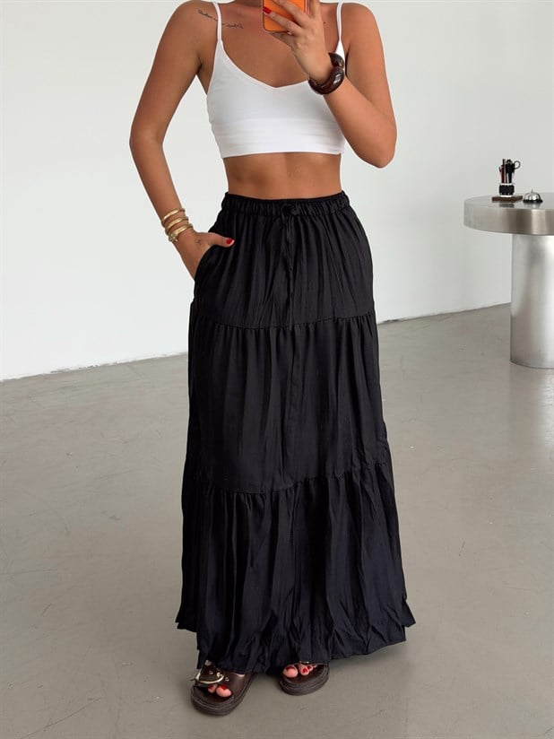 Katlı Maxi Etek - Siyah