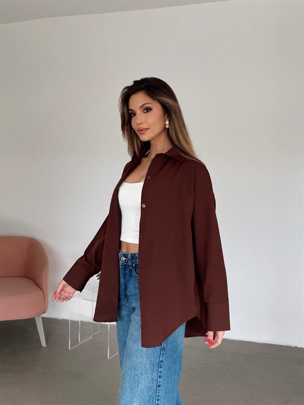 Gizli Pat Düğmeli Gömlek - Kahve