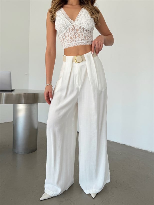 Geniş Kemerli Modal Pantolon - Beyaz