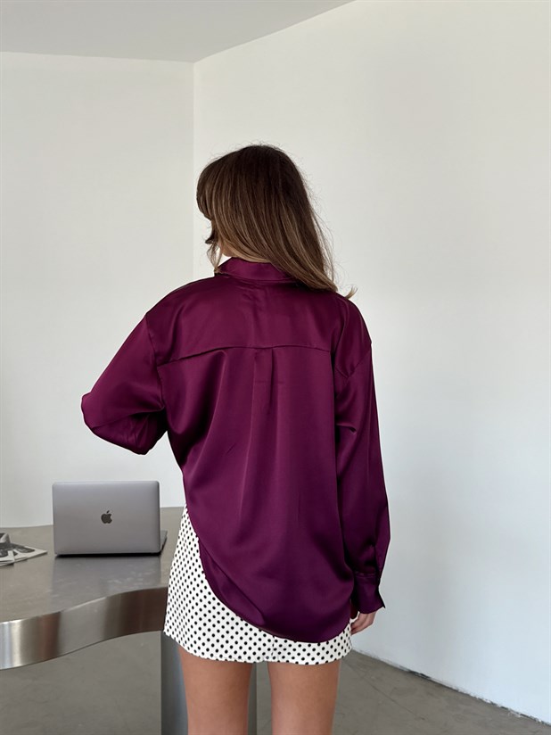 Kapak Cepli Krep Saten Gömlek - Mürdüm