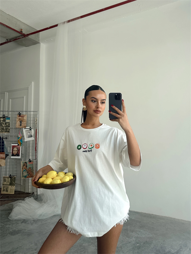 Fruit Nakış Basic T-shirt Beyaz - Beyaz