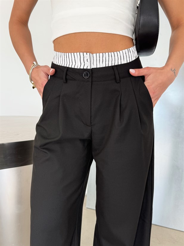 Beli Çizgili Kumaş Pantolon - Siyah