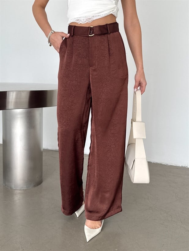 Kemerli Saten Pantolon - Kiremit