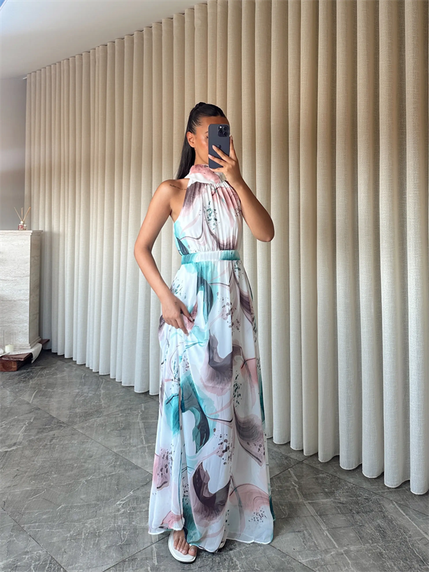 Desenli Şifon Elbise - Ekru-Yeşil