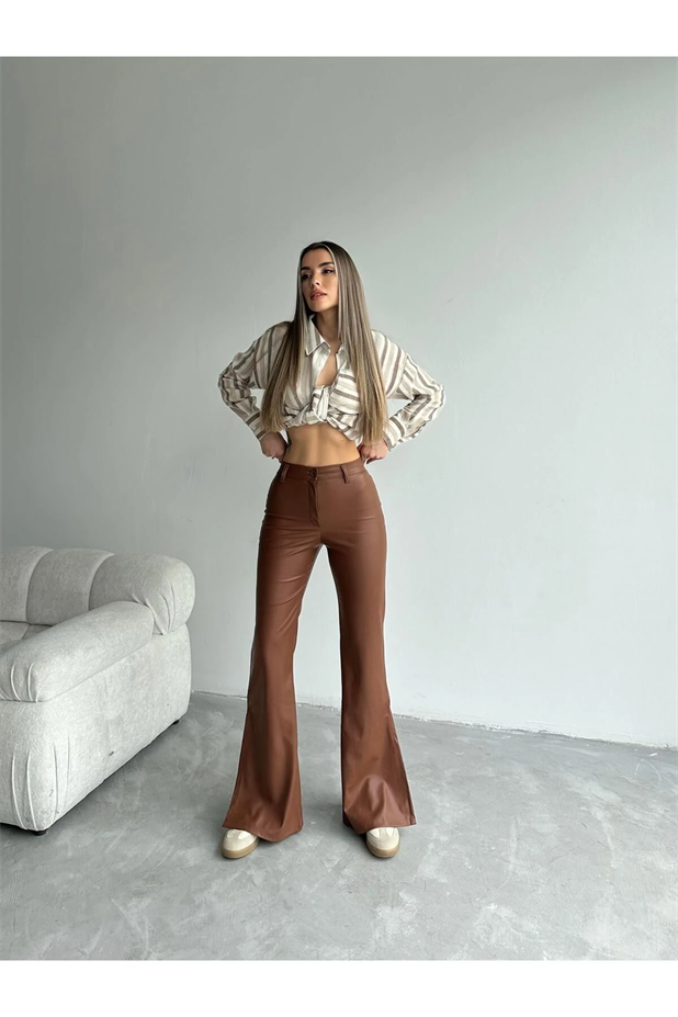 Yan Yırtmaç İspanyol Paça Deri Pantolon Taba - Taba