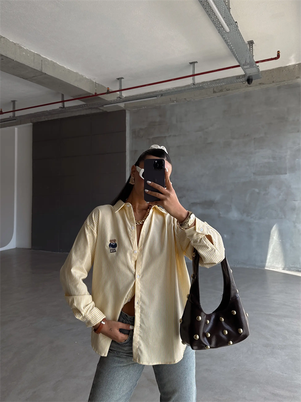 Bear Nakışlı Çizgili Gömlek - Sarı