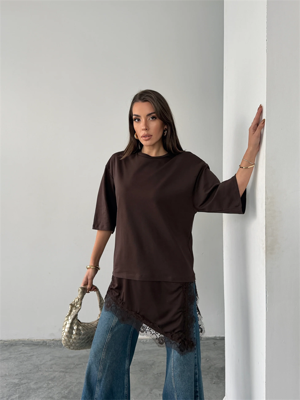 Dantel Detaylı Oversize Basic - Kahve