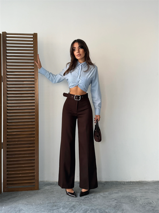 Kemerli Palazzo Pantolon  - Kahve