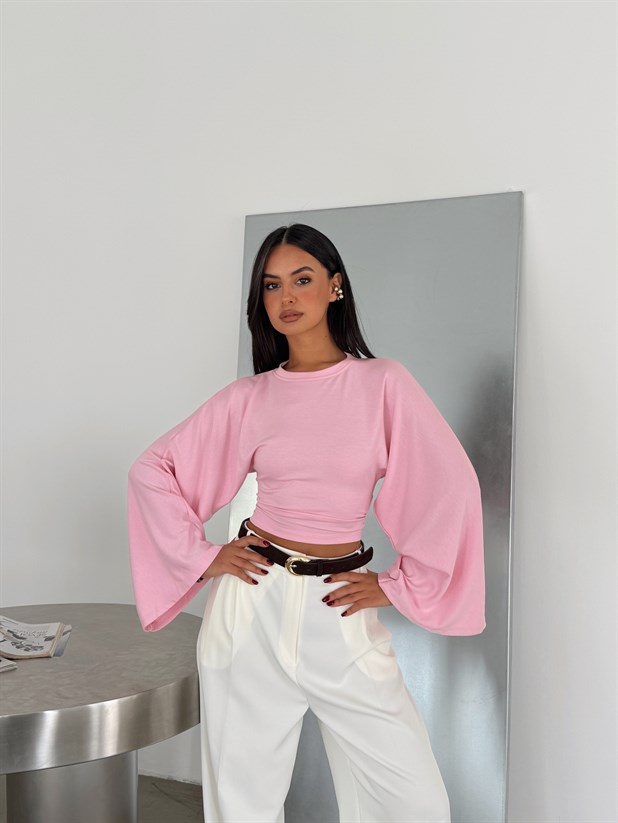 Yarasa Kol Beli Büzgülü Bluz - Pembe