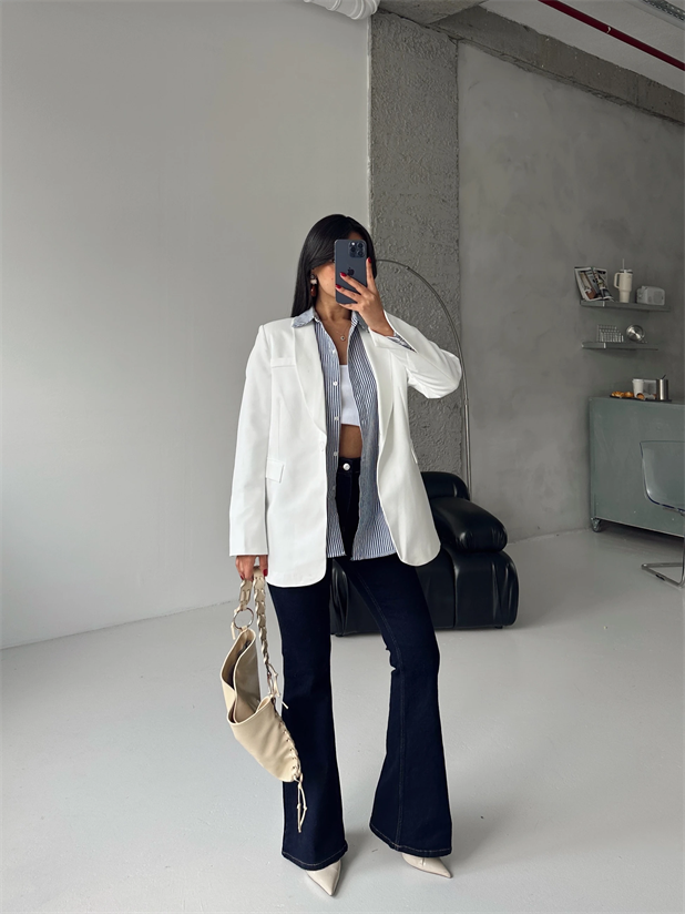 Kol Yırtmaç Blazer Ceket Beyaz - Beyaz