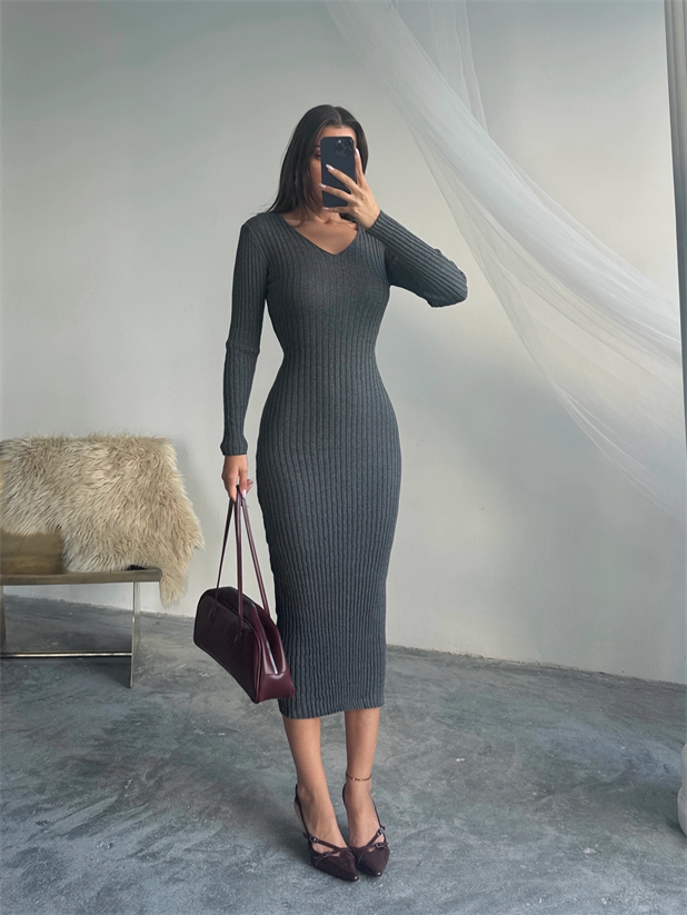 Bel Bağlama Triko Elbise - Füme