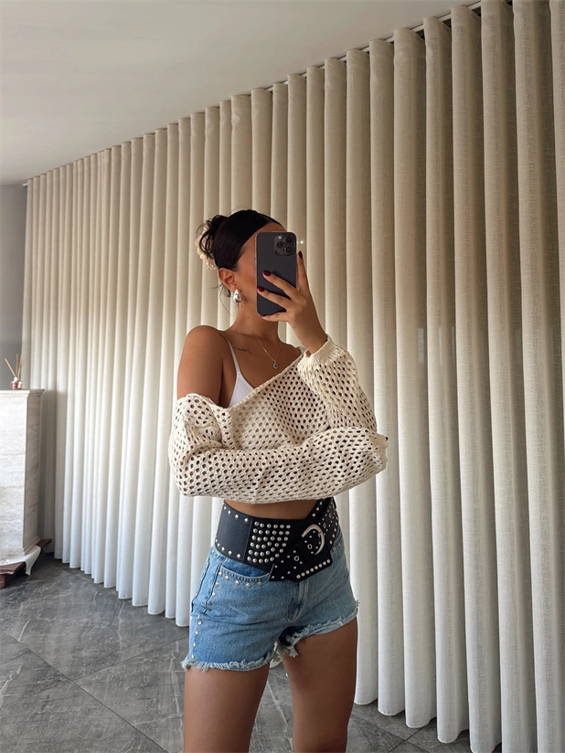 Devin Ajurlu Yıkamalı Triko Krem - Krem