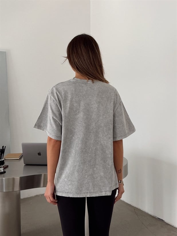 Delikli Yıkama T-shirt - Gri