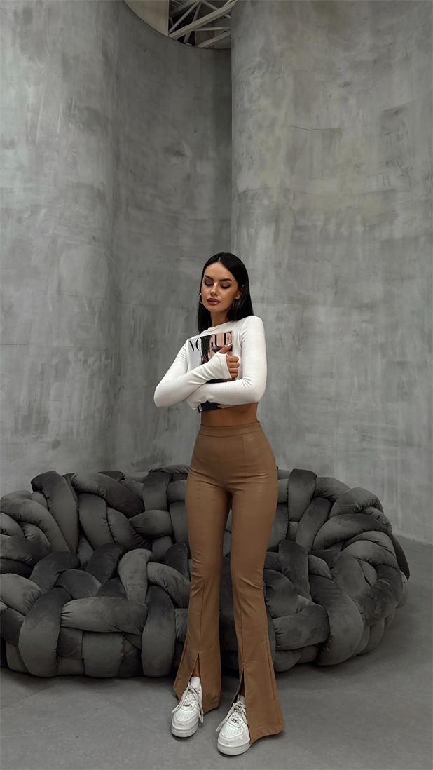 Paça Yırtmaç İç Şardonlu Deri İspanyol Pantolon Taba - Taba