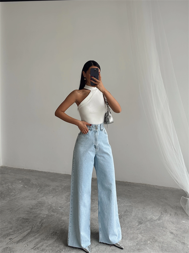 Geniş Kemerli Baggy Jean  - Buz Mavi