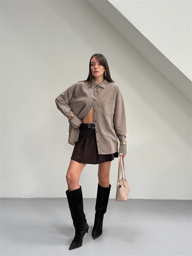 Kemer Detaylı Pileli Etek - Kahve