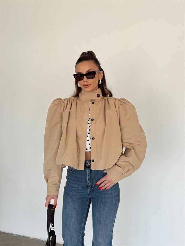 Vatkalı Crop Trençkot - Bej