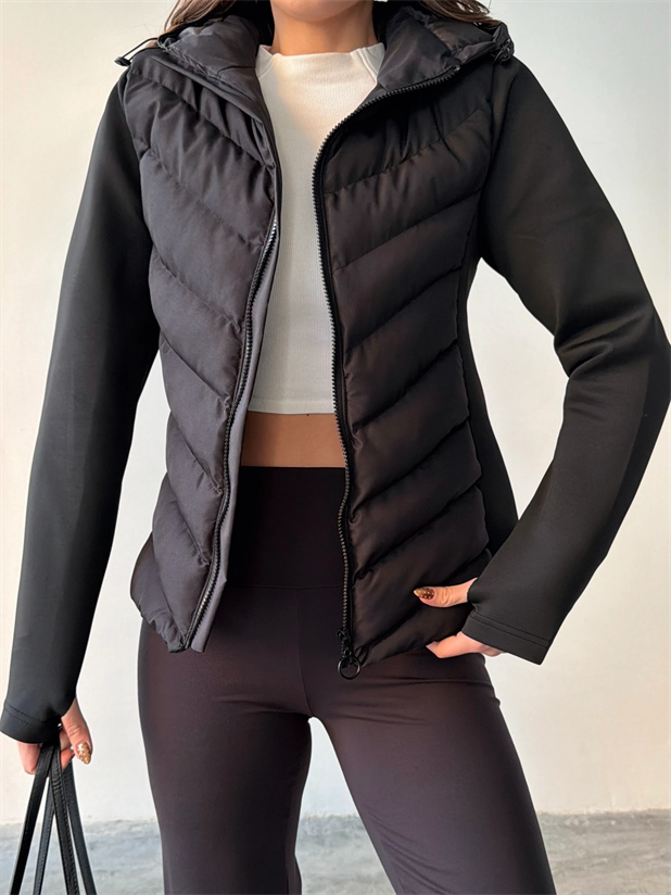 Dalgıç Detay Kapüşonlu Şişme Mont - Siyah