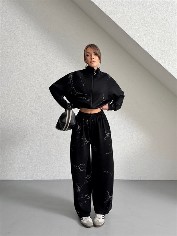 Fermuarlı Palazzo Takım - Siyah